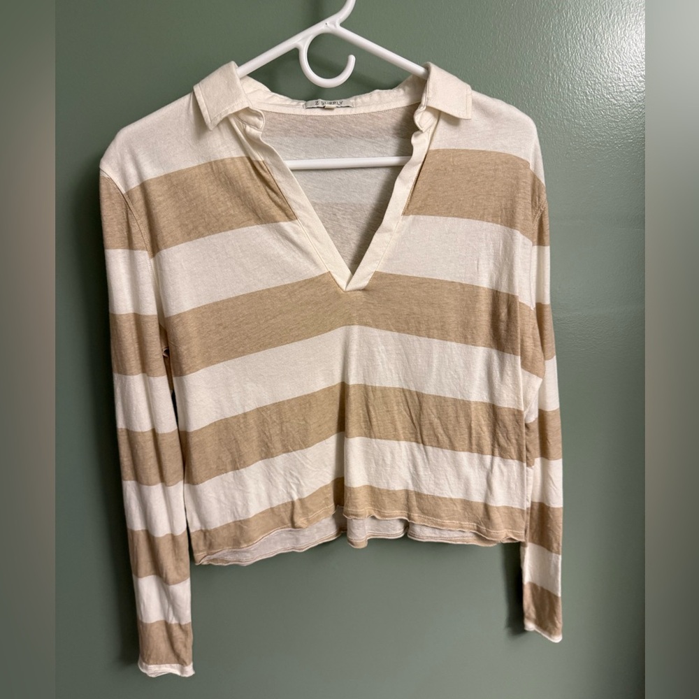 Z Supply Tan and Cream Striped V-Neck Blouse